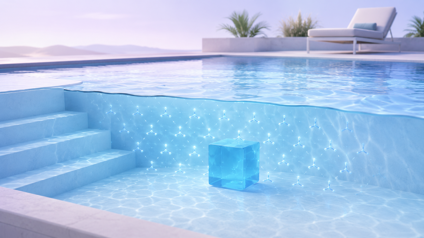 Piscina com cubo Ploc Bloc submerso na água.